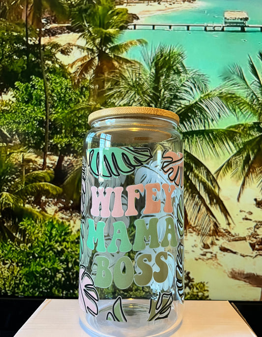 Wifey Mama Boss Palm Leaves Iced Coffee Cup, 16oz Libbey Glass Can