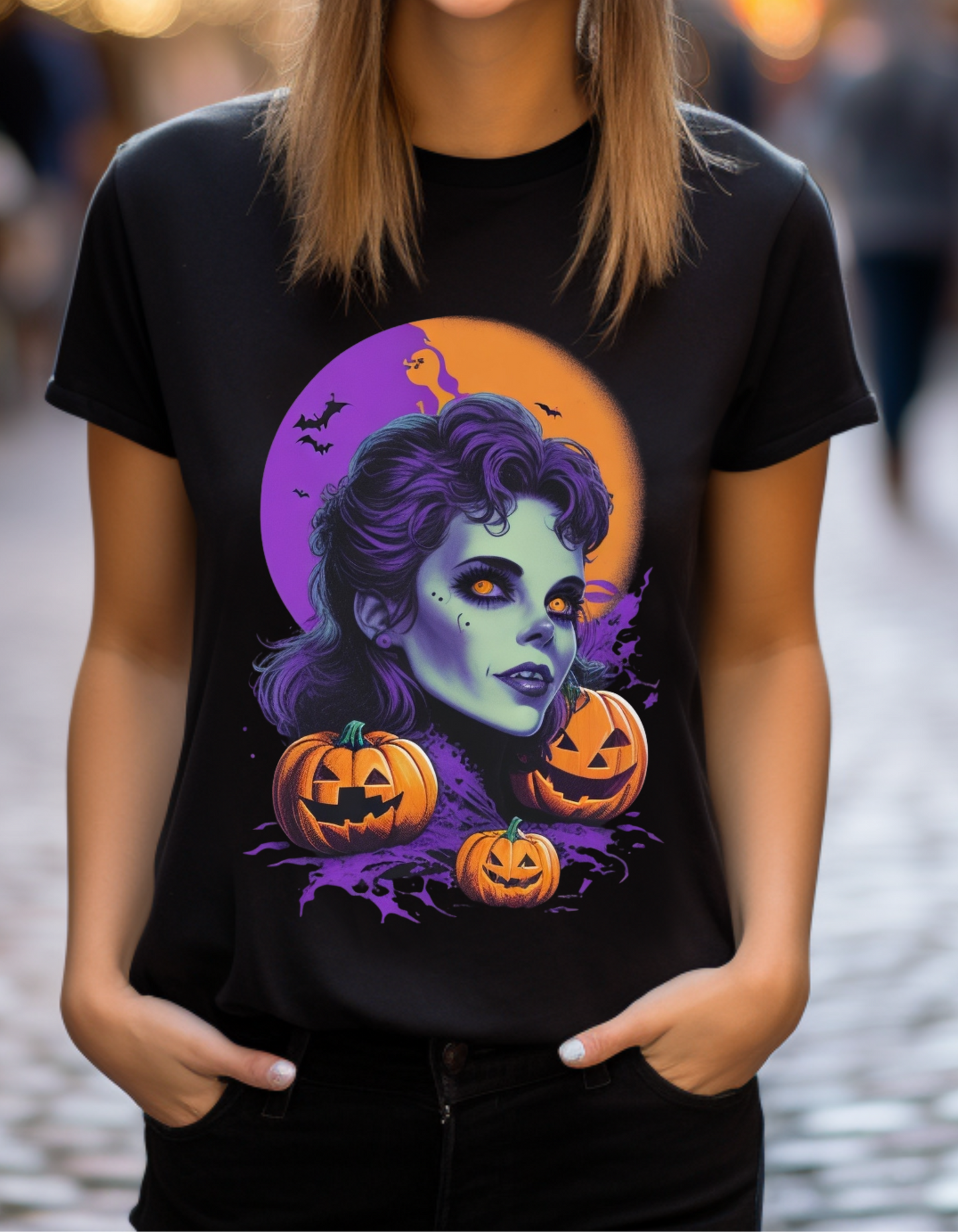 Gothic Vampire Girl & Pumpkins Halloween Style Unisex Tee